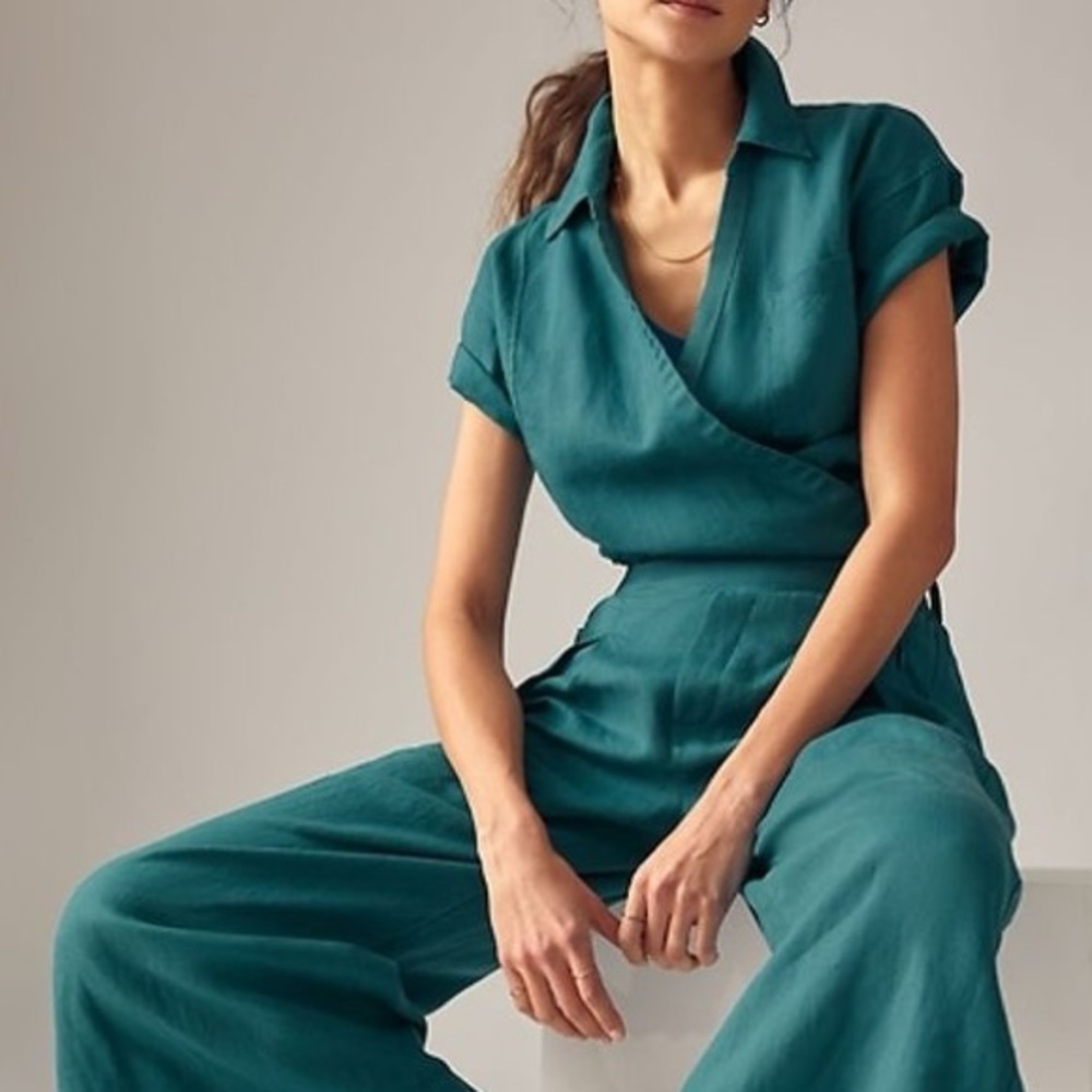Athleta NEW 100% Linen Cropped Playa Wrap Tie‎ Top in Teal Size Large & X-Large